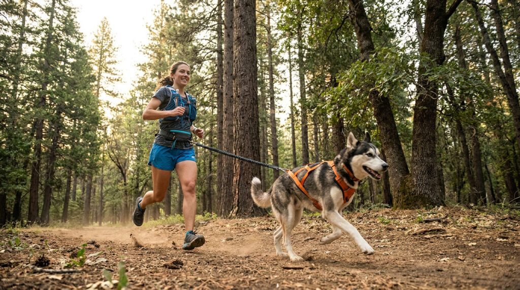 Une femme souriante pratique le canicross avec son chien husky sur un sentier forestier ensoleillé.
