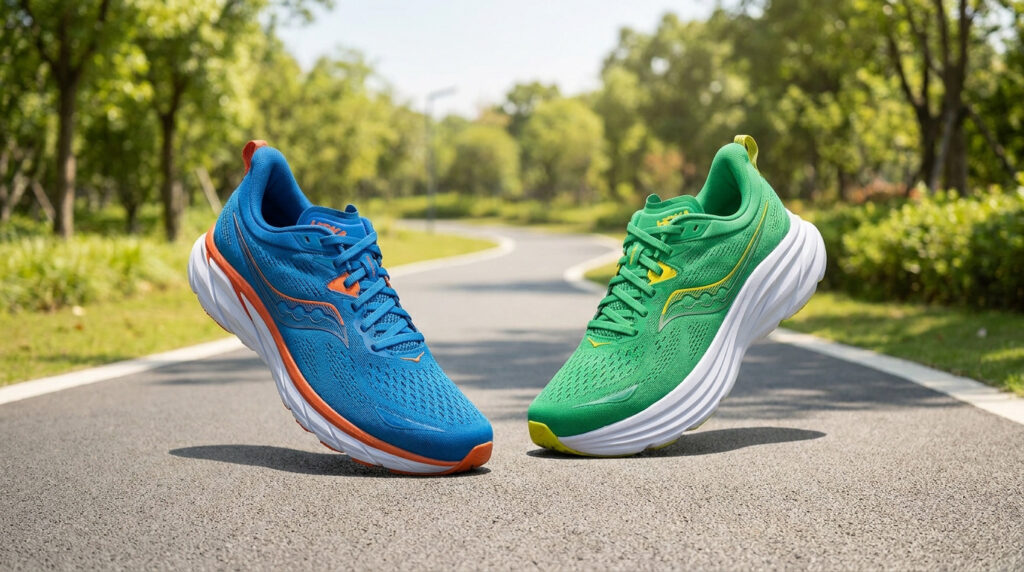 Deux chaussures de running, une bleue et une verte, en suspension sur une route goudronnée dans un parc ensoleillé.