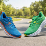 Deux chaussures de running, une bleue et une verte, en suspension sur une route goudronnée dans un parc ensoleillé.