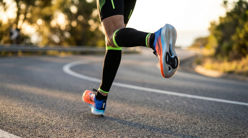 Gros plan sur les jambes d'un coureur portant des chaussures de running à plaque carbone sur une route en extérieur.