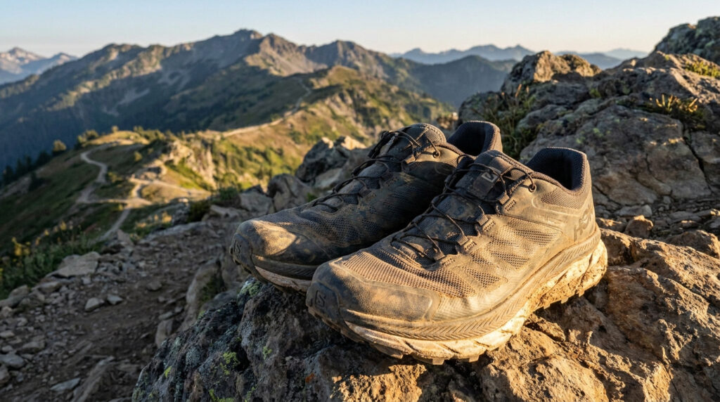 Paire de chaussures de trail Salomon boueuses posées sur un rocher face à une vue panoramique sur les montagnes.