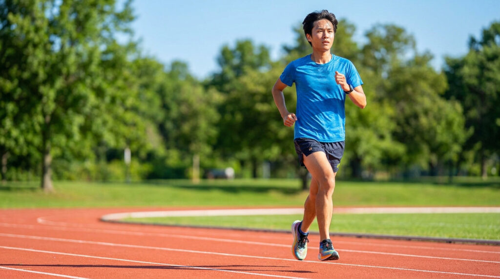 Un jeune homme asiatique court sur une piste d'athlétisme entourée d'arbres lors d'une journée ensoleillée.