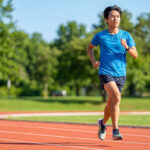 Un jeune homme asiatique court sur une piste d'athlétisme entourée d'arbres lors d'une journée ensoleillée.