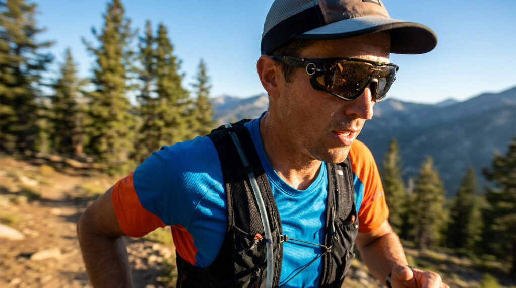 Un coureur de trail portant des lunettes de soleil de sport, une casquette et un sac d'hydratation en montagne.