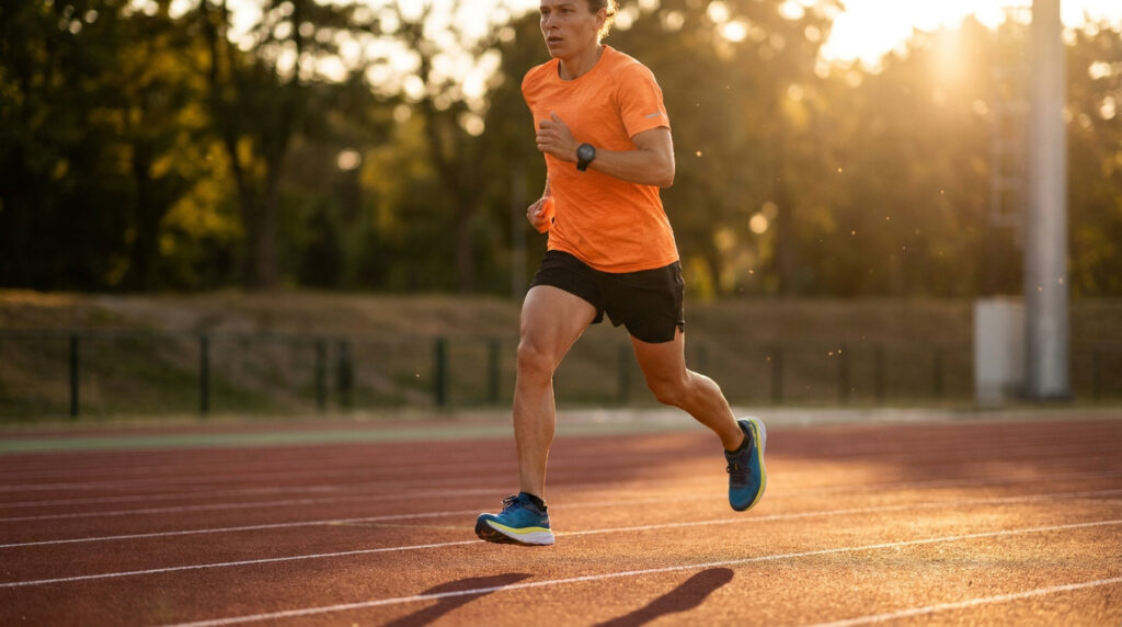 Un coureur en t-shirt orange court sur une piste d'athlétisme sous une lumière dorée de fin de journée.