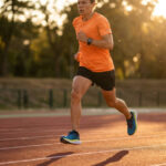 Un coureur en t-shirt orange court sur une piste d'athlétisme sous une lumière dorée de fin de journée.