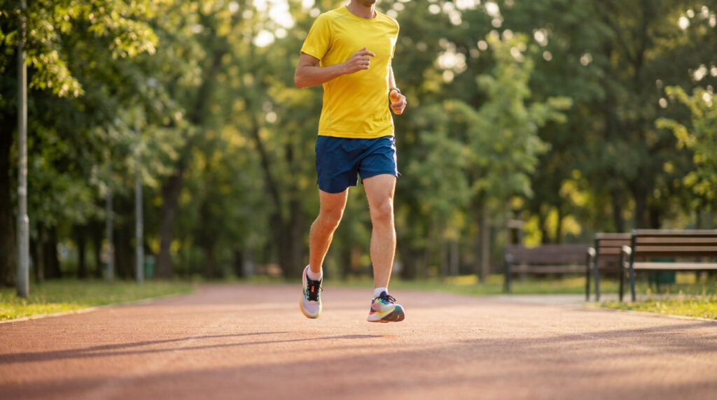 Un coureur en t-shirt jaune court sur une piste en terre battue dans un parc par une journée ensoleillée.