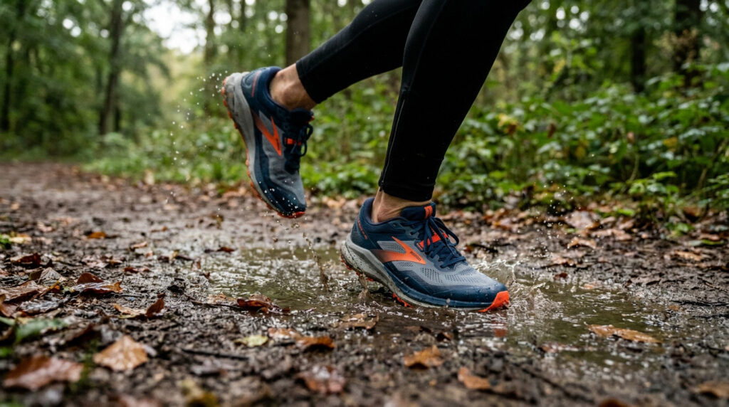 Gros plan sur un coureur marchant dans une flaque d'eau en forêt avec des chaussures de running bleu et orange.