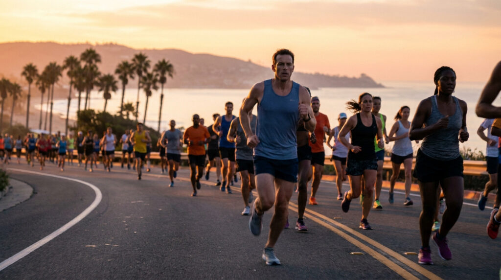Un groupe diversifié de coureurs sur une route côtière au coucher du soleil, se concentrant sur leur entraînement de marathon.