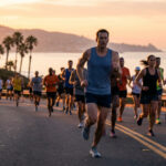 Un groupe diversifié de coureurs sur une route côtière au coucher du soleil, se concentrant sur leur entraînement de marathon.