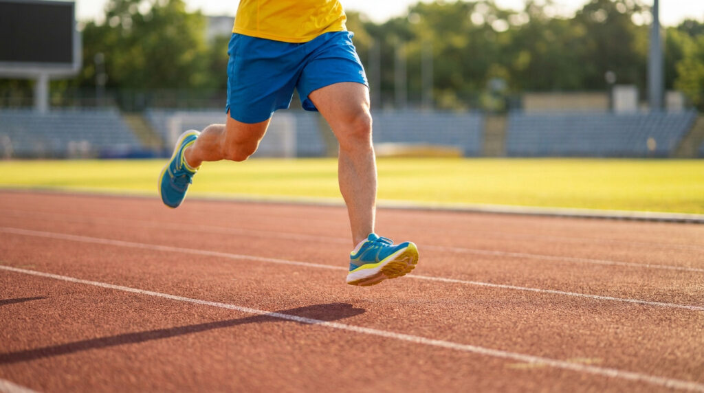 Coureur portant des baskets Asics Novablast 4 en pleine foulée sur une piste d'athlétisme.