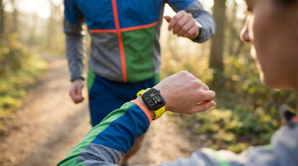 Coureuse regardant sa montre GPS jaune avec des données de course affichées pendant un entraînement en forêt.