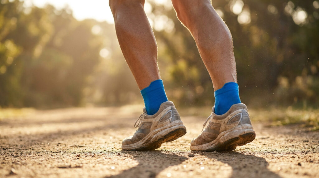 Gros plan sur les jambes d'un coureur avec des chaussures de trail usées et des chaussettes bleues sur un sentier.