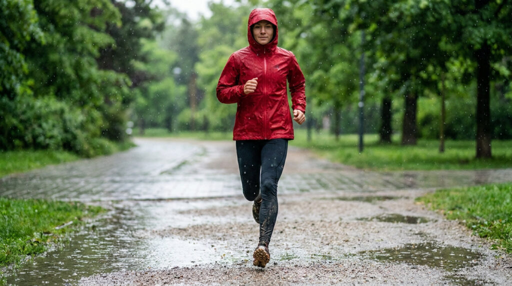 Une coureuse portant une veste de pluie rouge à capuche court sur un chemin par temps pluvieux.