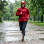 Une coureuse portant une veste de pluie rouge à capuche court sur un chemin par temps pluvieux.