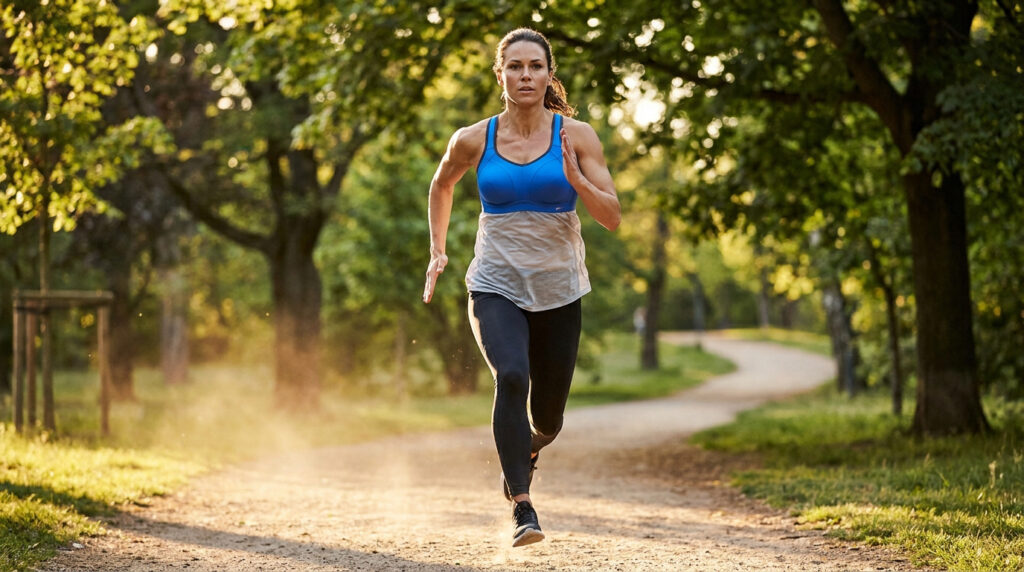 Une femme athlétique court sur un sentier en forêt avec une brassière de sport bleue à maintien élevé.