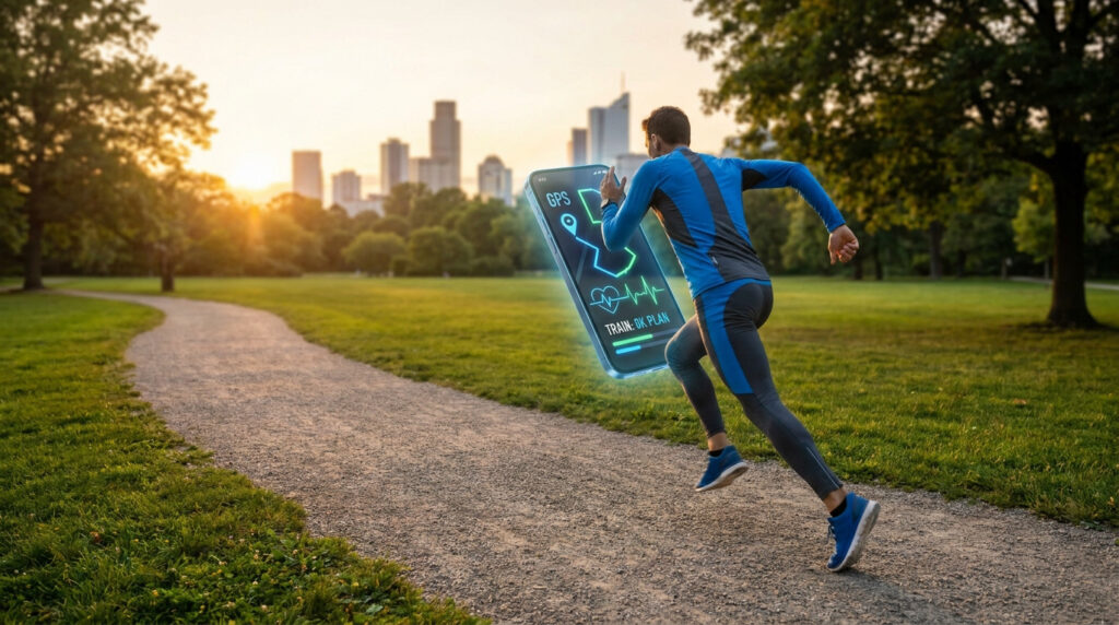 Un coureur en extérieur avec une interface d'application de running en réalité augmentée affichant son parcours GPS.