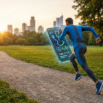 Un coureur en extérieur avec une interface d'application de running en réalité augmentée affichant son parcours GPS.