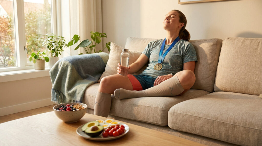 Une marathonienne médaillée se repose sur un canapé avec des chaussettes de contention et un repas équilibré.