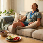 Une marathonienne médaillée se repose sur un canapé avec des chaussettes de contention et un repas équilibré.