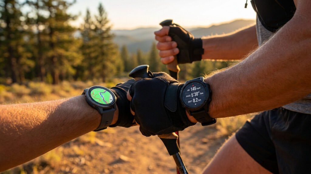 Deux sportifs portent des montres Garmin Forerunner pendant une randonnée au soleil couchant.