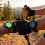 Deux sportifs portent des montres Garmin Forerunner pendant une randonnée au soleil couchant.