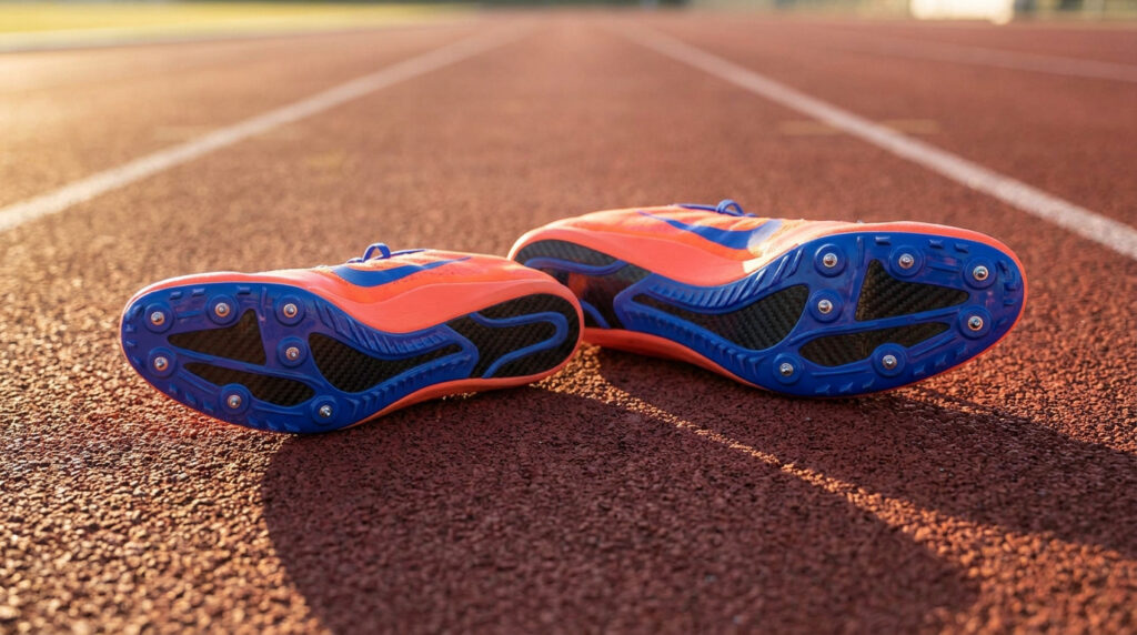 Une paire de chaussures de sprint orange et bleue avec des pointes, posée sur une piste d'athlétisme en tartan.