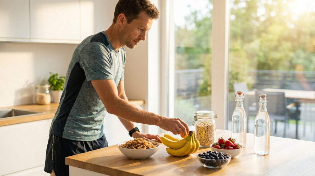 Un coureur choisit des fruits frais et des céréales saines dans une cuisine lumineuse avant son entraînement.