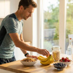 Un coureur choisit des fruits frais et des céréales saines dans une cuisine lumineuse avant son entraînement.