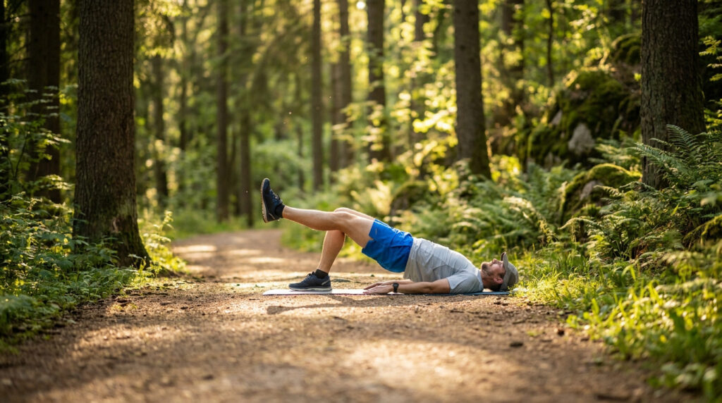 Un homme fait un pont fessier sur une jambe sur un tapis de sol au milieu d'un sentier forestier ensoleillé.