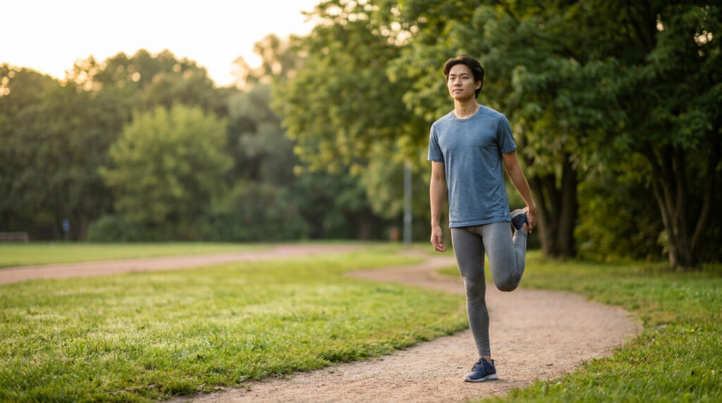 Coureur asiatique faisant des étirements des quadriceps dans un parc au coucher du soleil.