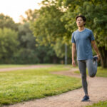 Coureur asiatique faisant des étirements des quadriceps dans un parc au coucher du soleil.
