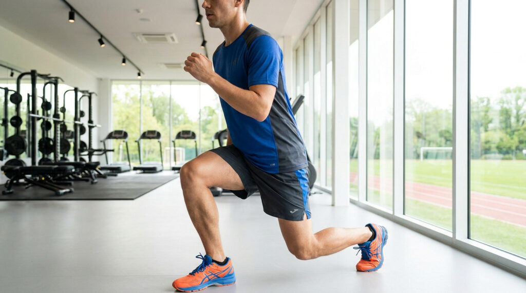 Un coureur en tenue de sport réalise une fente avant dans une salle de sport moderne avec vue sur une piste.