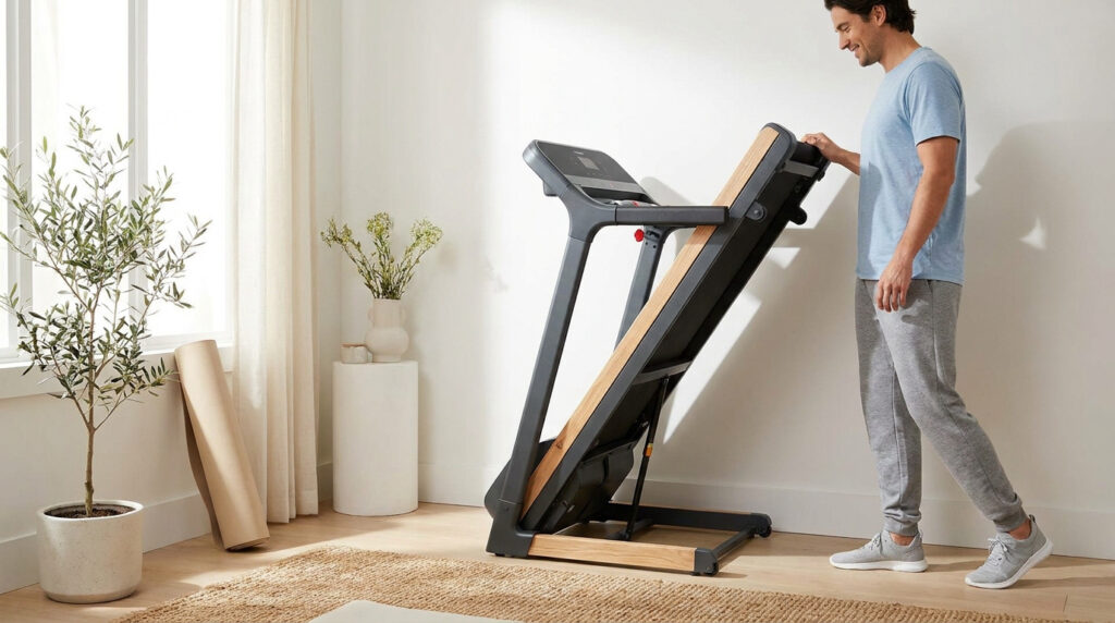Un homme range un tapis de course pliable au design élégant en bois dans un salon lumineux.