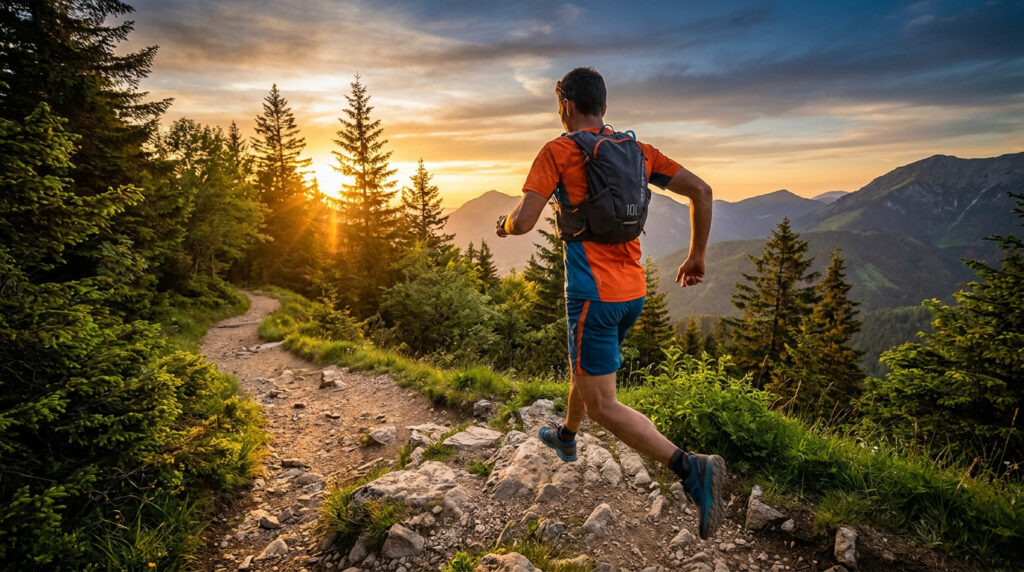 Un coureur de trail portant un sac d'hydratation de 10L court sur un sentier de montagne au coucher du soleil.