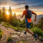 Un coureur de trail portant un sac d'hydratation de 10L court sur un sentier de montagne au coucher du soleil.