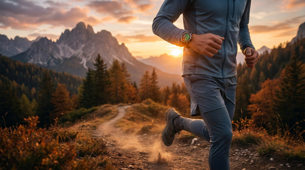 Un coureur de trail porte une montre Suunto Race lors d'une course en montagne au coucher du soleil.