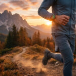 Un coureur de trail porte une montre Suunto Race lors d'une course en montagne au coucher du soleil.