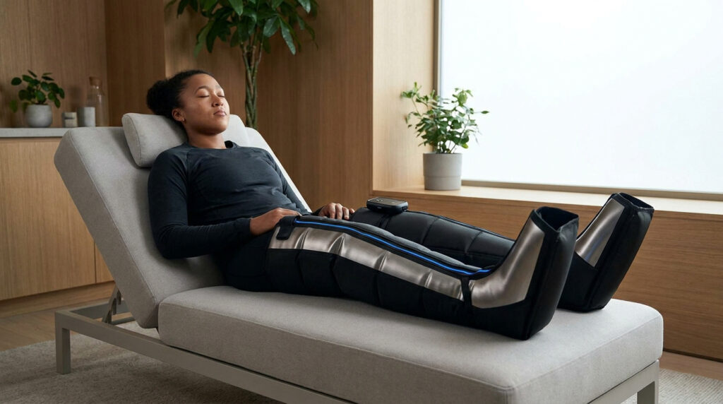 Une femme se détend sur une chaise longue en portant des bottes de récupération par pressothérapie.
