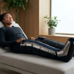 Une femme se détend sur une chaise longue en portant des bottes de récupération par pressothérapie.