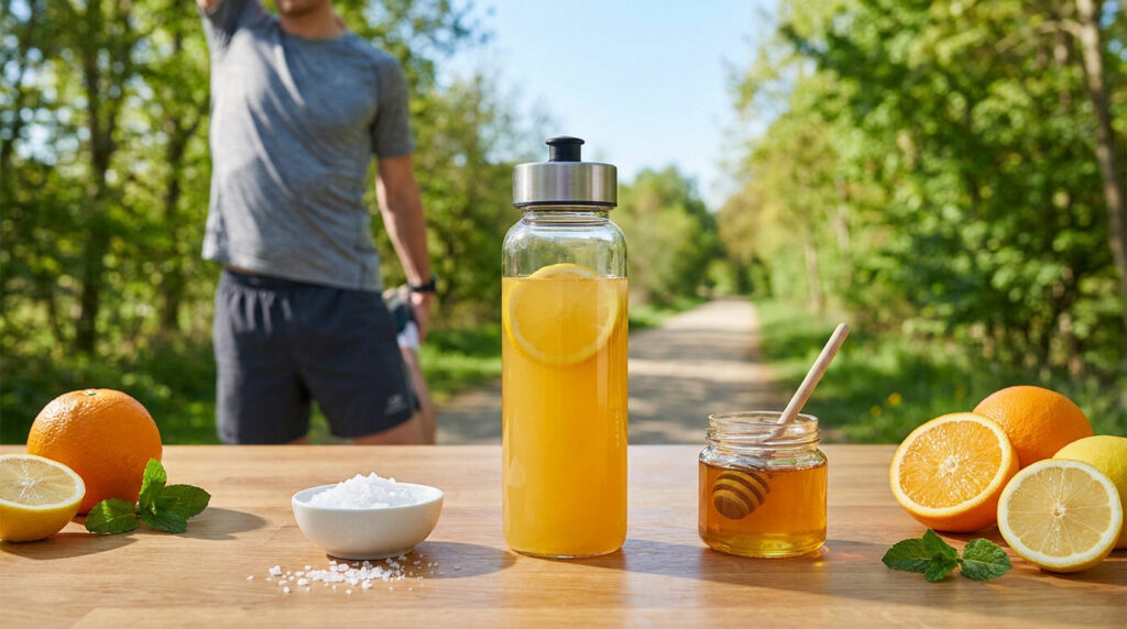 Bouteille de boisson aux agrumes, sel et miel sur une table devant un coureur s'étirant en extérieur.