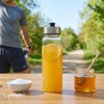 Bouteille de boisson aux agrumes, sel et miel sur une table devant un coureur s'étirant en extérieur.