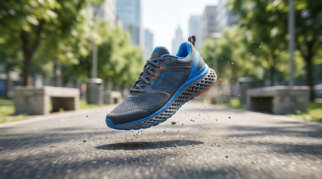 Une chaussure de running Nike grise et bleue en lévitation au-dessus d'un chemin urbain avec des débris de terre.