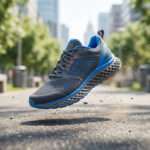 Une chaussure de running Nike grise et bleue en lévitation au-dessus d'un chemin urbain avec des débris de terre.