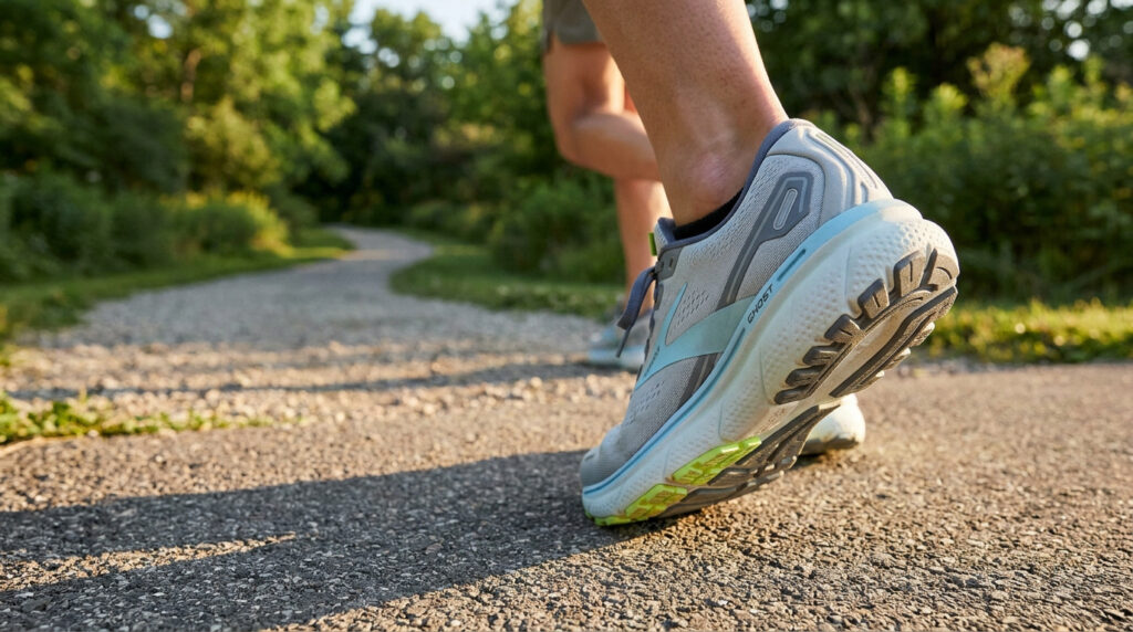 Gros plan sur une chaussure Brooks Ghost 16 portée par un coureur sur un sentier en pleine nature.