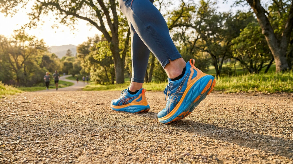 Gros plan sur des chaussures de course bleues et orange portées par un coureur sur un sentier en terre.
