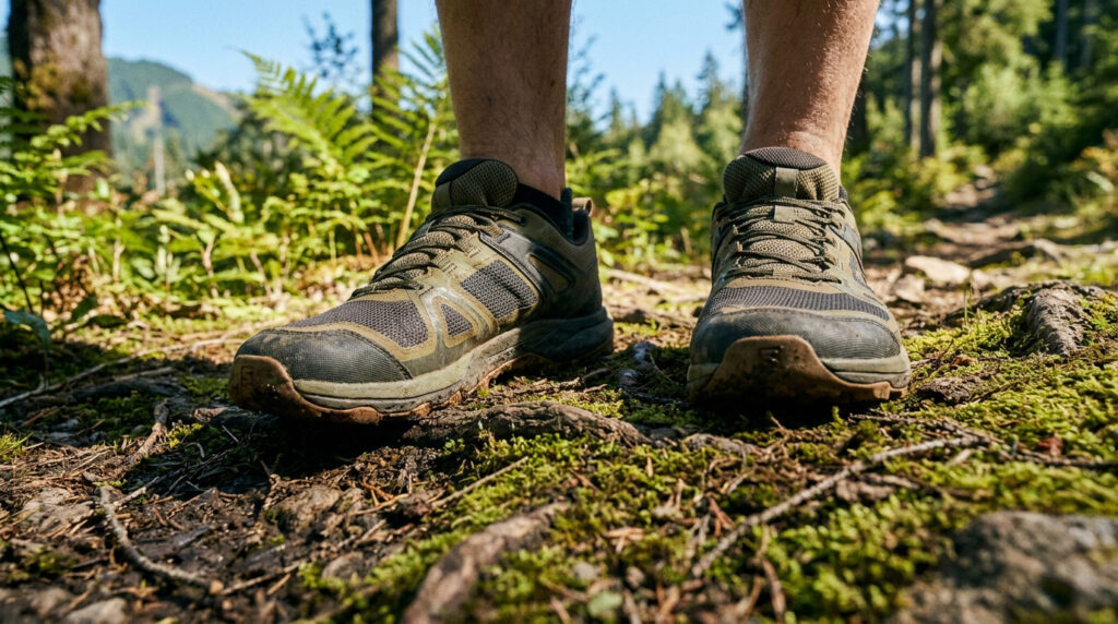 Gros plan sur des chaussures de trail kaki sur un sentier en forêt avec de la mousse et des racines.