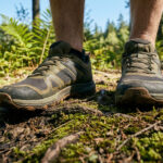 Gros plan sur des chaussures de trail kaki sur un sentier en forêt avec de la mousse et des racines.