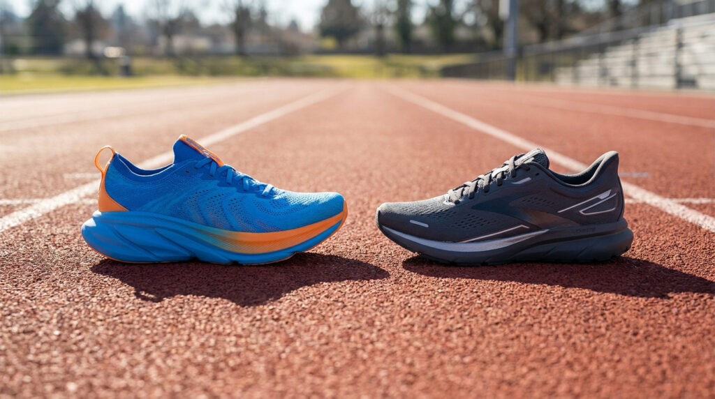 Une chaussure de running bleue et orange face à une chaussure grise sur une piste d'athlétisme.