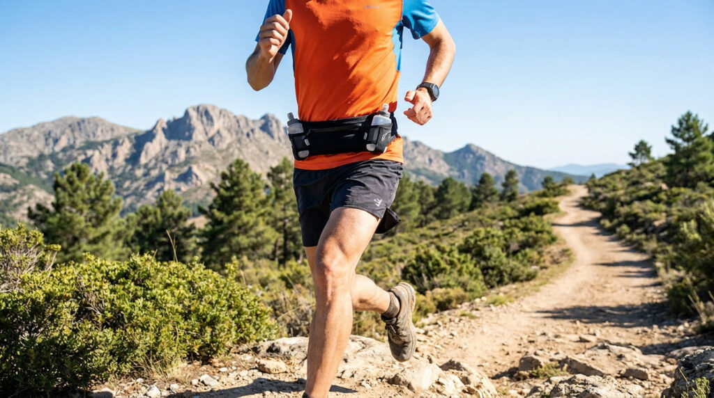 Un coureur de trail portant une ceinture porte-bidon sur un sentier de montagne ensoleillé.